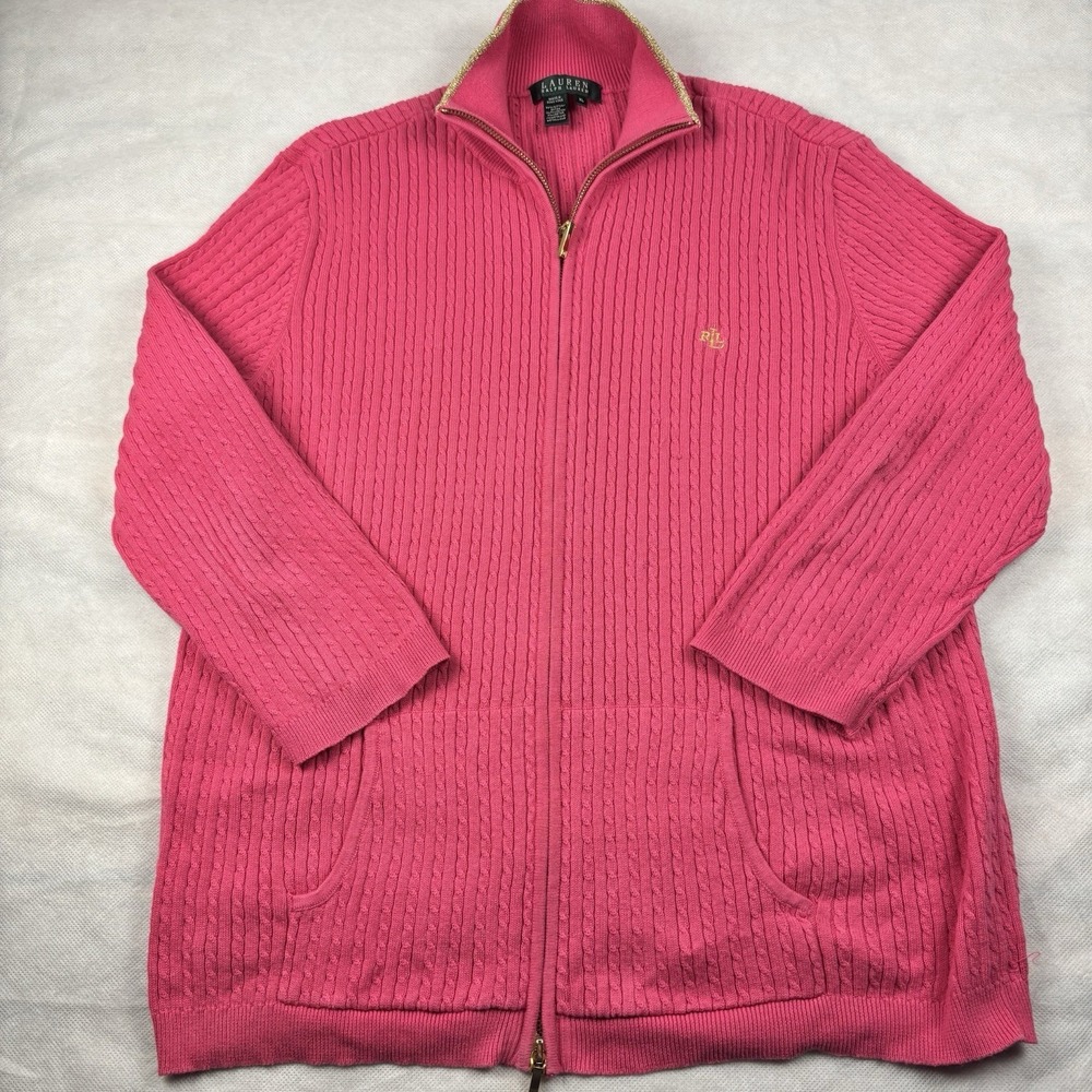 Lauren Ralph Lauren Women's Sweater Full Zip Pink With Gold Tone Zipper‎ XL